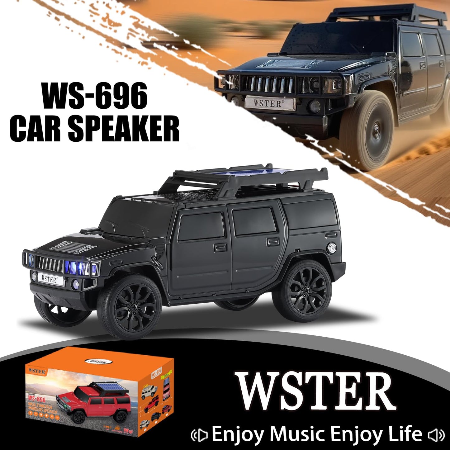 WSTER WS-696 Solar Bluetooth Replica Speaker - Portable Modern Off-Road Car Design with HD Sound, TWS, LED Party Light, USB/TF Playback, FM, Built-in