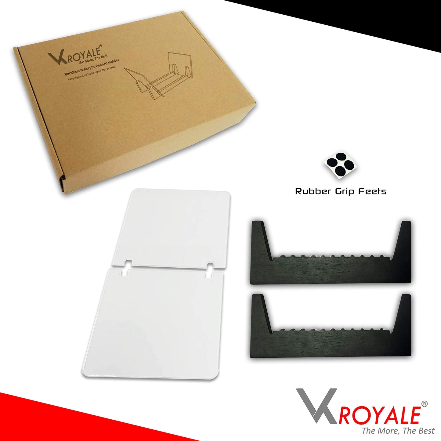 VK Royal Vinyl Records Storage Holder Display Stand 7' Holds Up to 25 LP's Wood Stand, Rubber Grip Pad and Clear Acrylic Ends Vinyl Record Storage