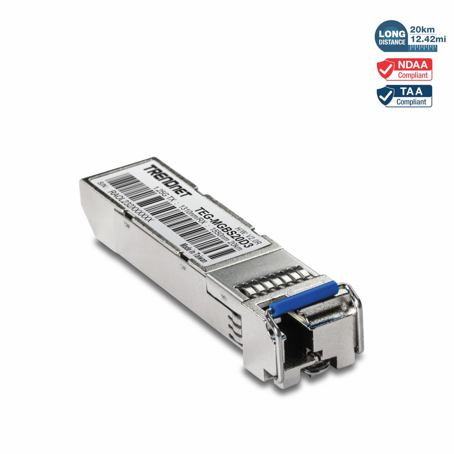 TRENDnet SFP to RJ45 Dual Wavelength Single-Mode LC Module, TEG-MGBS20D3