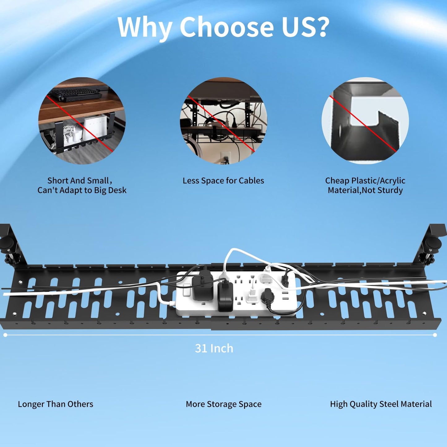 WIGAKDRU 31Inch Extendable Under Desk Cable Management Tray, Black Metal Cable Management Tray Under Desk Cord Management with Clamp, 31 Inch x 4.33