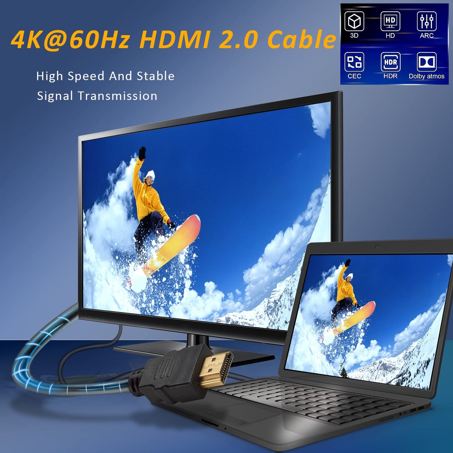 Bawofu HDMI to HDMI Cable 2.0, High Speed 4K 60Hz HDMI Adapter Male to Male, Compatible with Camera, Camcorder, Laptops, Graphics Card, HDTV, Tablet