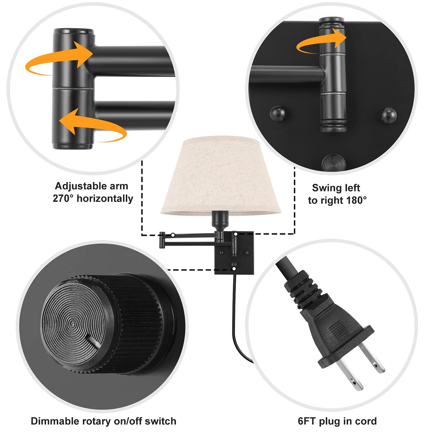 TRLIFE Dimmable Wall Sconce Plug in, Wall Sconces Set of Two Swing Arm Wall Lights with Plug in Cord and On/Off Dimmer Rotary Switch, 11.8" Large