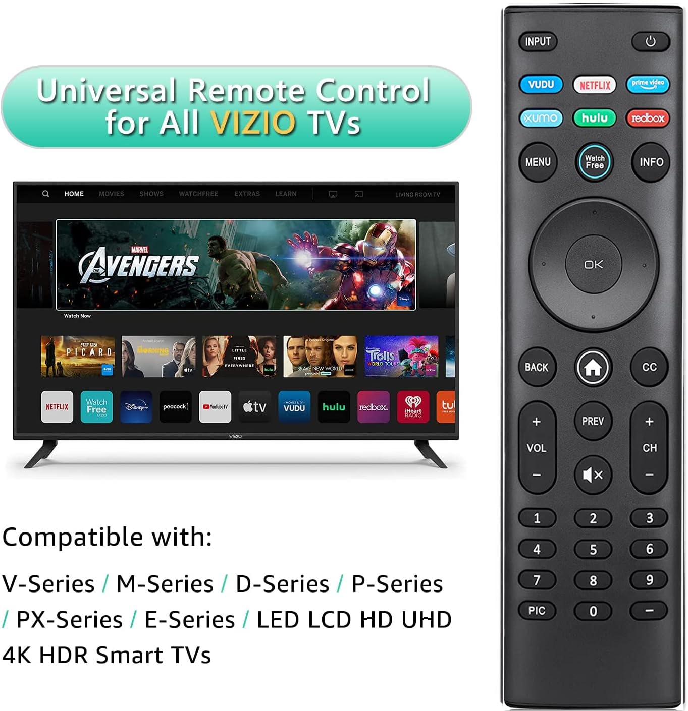 Universal Replacement Remote Control for All VIZIO LED LCD HD 4K UHD HDR Smart TVs,Vizio Remote with Vudu/Netflix/Prime/Xu-mo/Hulu/Redbox Keys