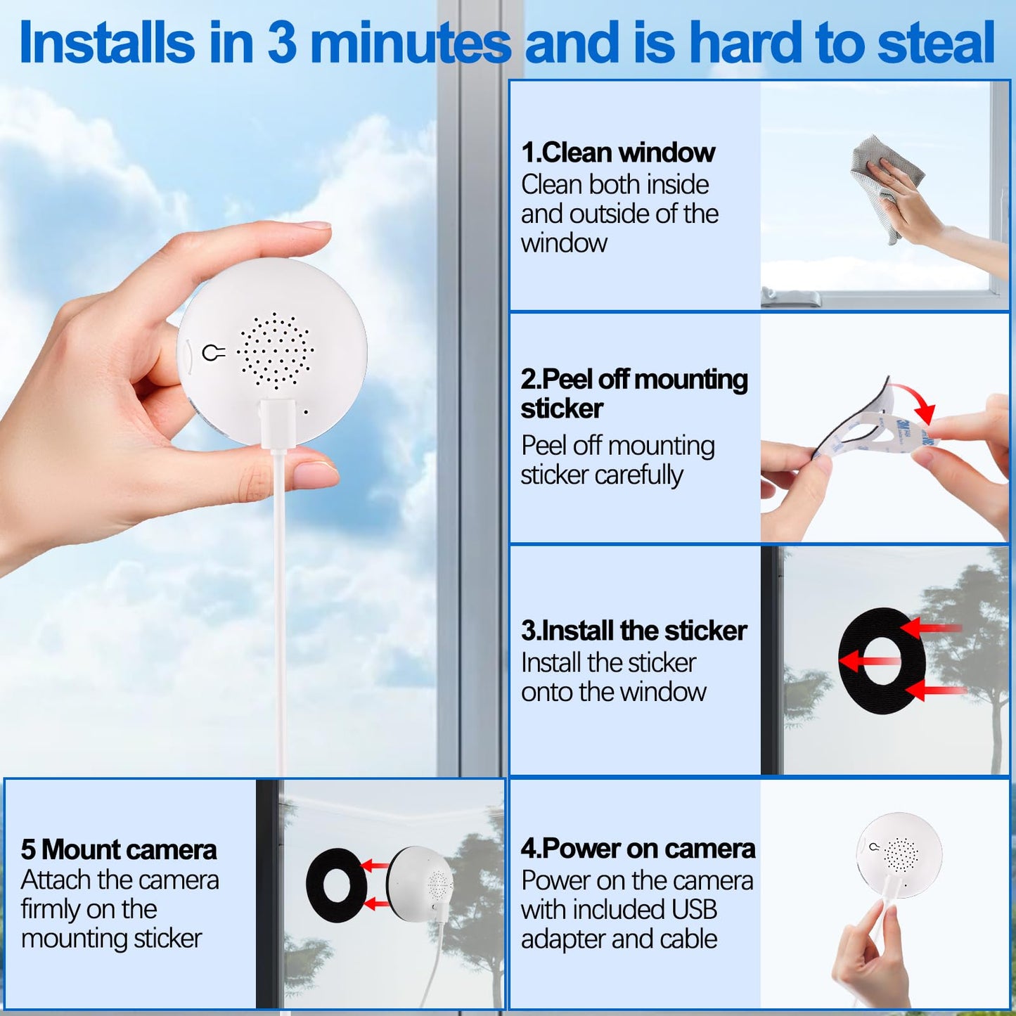 4MP Smart Window Security Camera, WiFi Home Surveillance Camera with Color Night Vision, Motion Detection, 2-Way Audio, AI Human Detection, Easy Mount