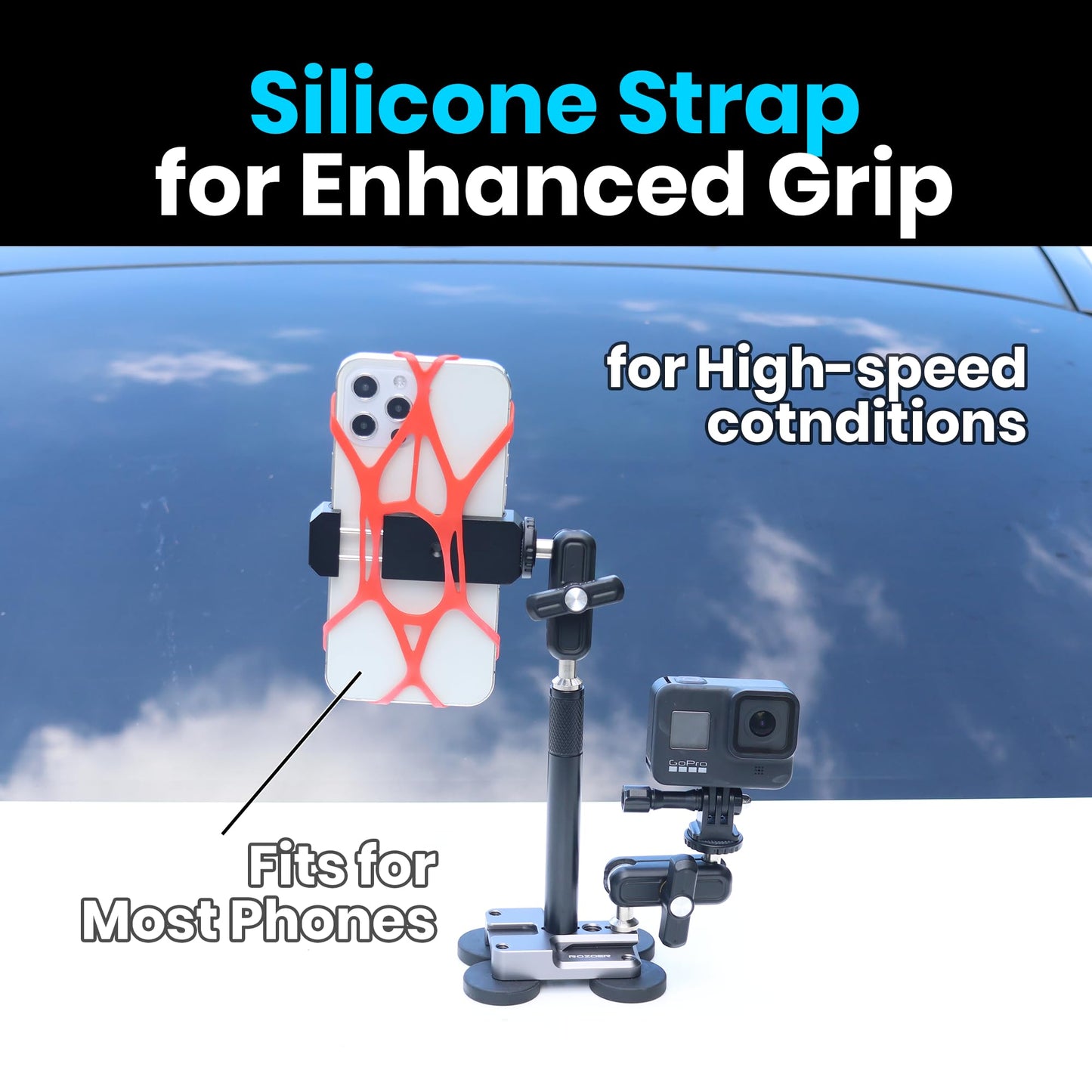ROZOER 4-in-1 Magnetic Camera Mount Kit - Universal Baseplate with Magic Arm, Phone Clip & Bands for GoPro/for Osmo/for Insta360/Smartphones (Car