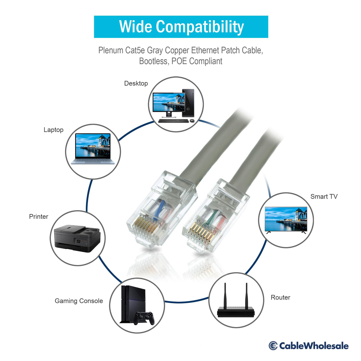 CableWholesale Plenum CMP Cat5e Ethernet Cable, Bootless, 14 ft, Gray