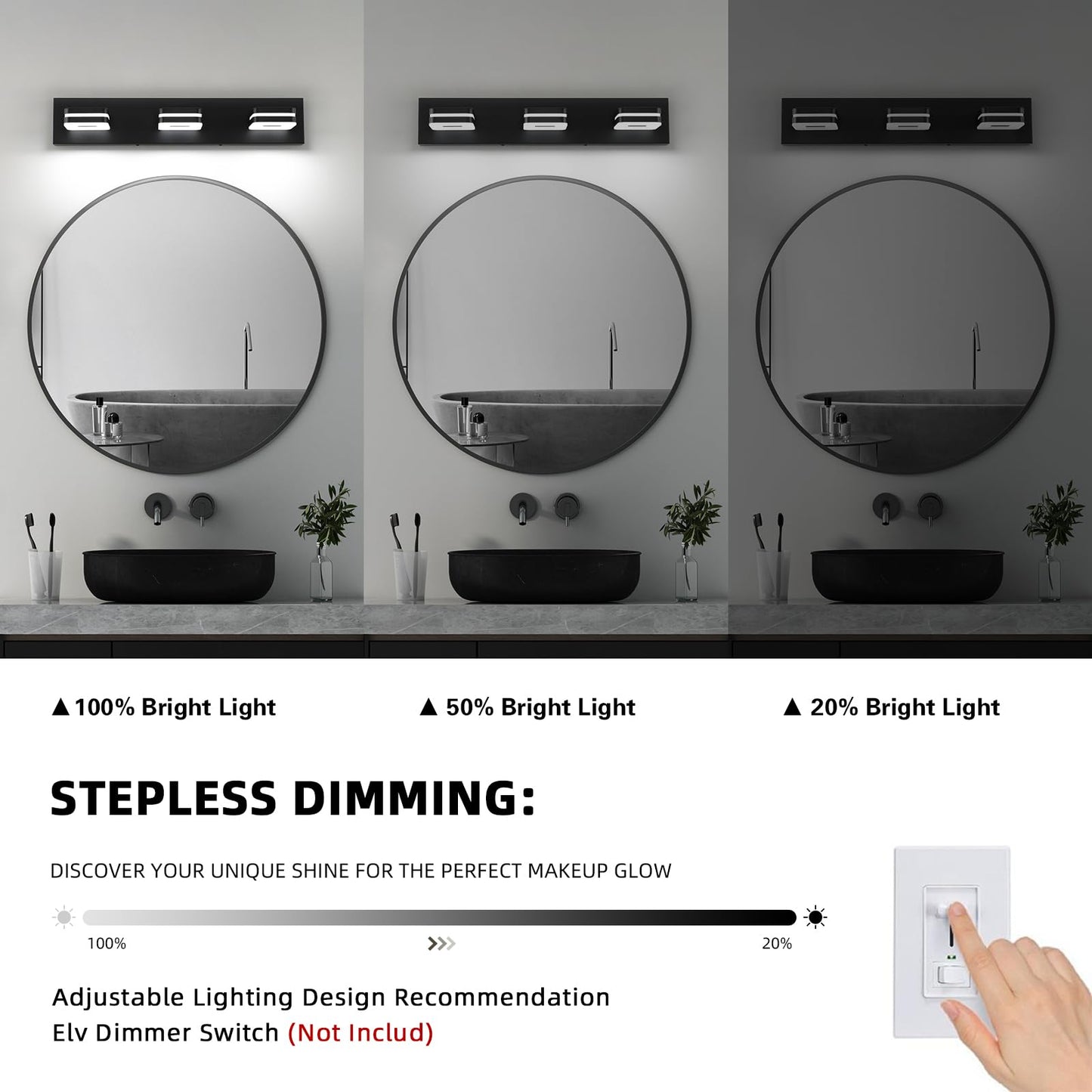 7Degobii Modern LED Bathroom Vanity Light Dimmable Matte Black 3-Light Fixture 18W 24" Wall Light Day Light 5500K 110V AC