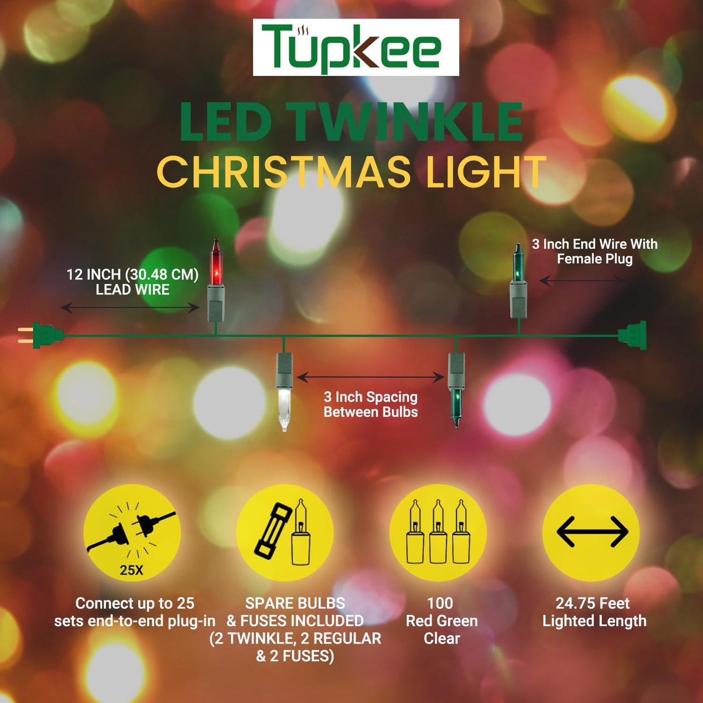 Christmas LED Random Twinkle Lights - 16 of 100 Bulbs Twinkle - LED Red, Green, and Cool White Christmas Tree Lights - Indoor Outdoor - 24.75 Feet