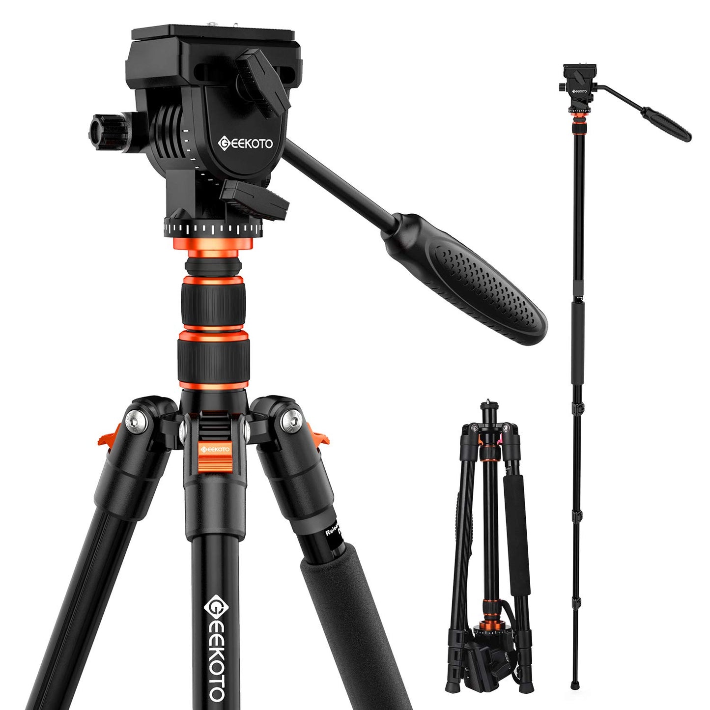 GEEKOTO Video Tripod Fluid Head,Professional Camera Tripod for DSLR,Monopod Aluminum 77" for Video Camcorder Canon Nikon Sony with 1/4" Screws Fluid