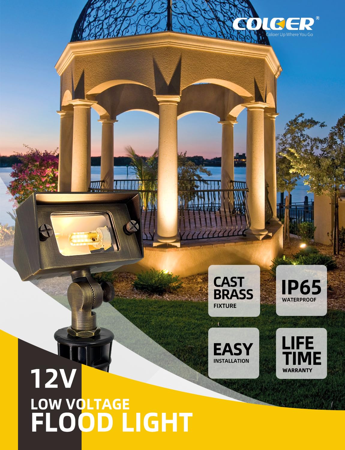 COLOER Brass Small Rectangular Flood Lights Outdoor with 3W 2700K Warm White LED G4 Bulb, 12V Low Voltage Landscape Outside Lights for House
