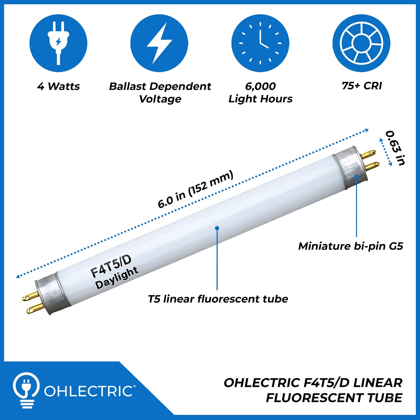 OHLECTRIC 6 Pack - F4T5/D Flourescent Light Bulbs Non-Dimmable - 6 inches Under Cabinet Bulb 6500K Daylight White 4 Watt Tube Bulb