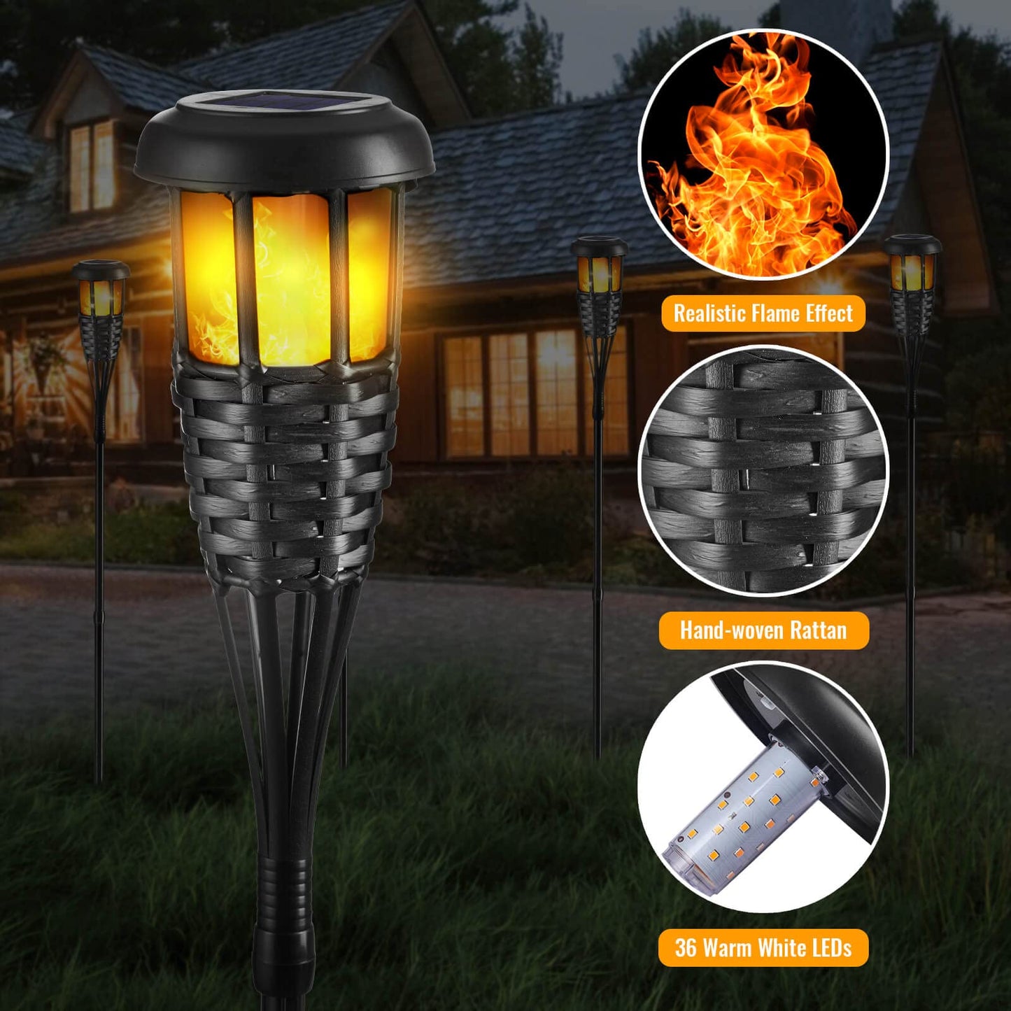 Lapsnail Flickering Flames Torch Solar Lights Handmade Bamboo Outside Flame Lighting Waterproof for Path, Garden, Outdoor Decoration