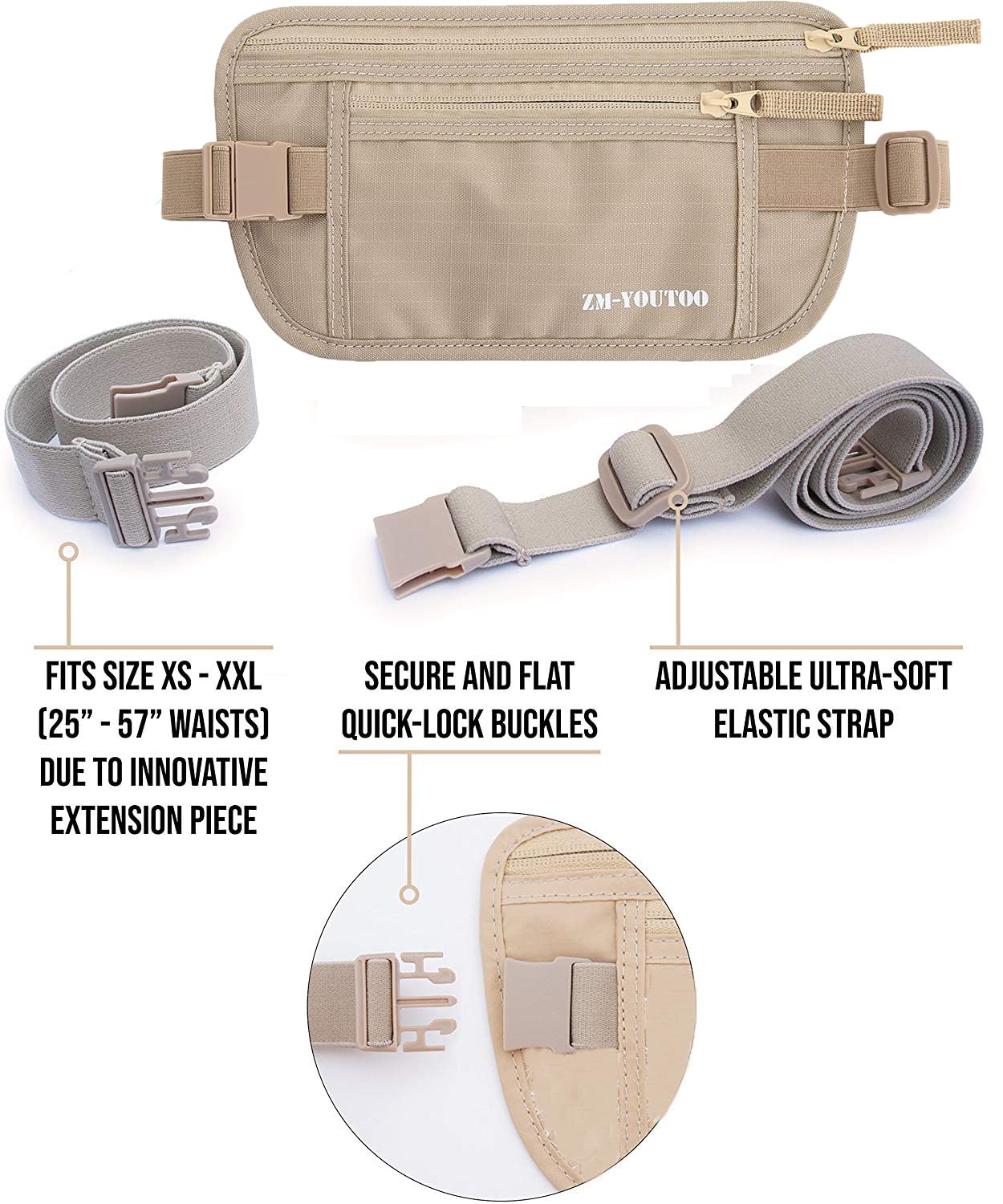 ZM-YOUTOO RFID Blocking Money Belt – Hidden Travel Waist Pouch & Passport Holder Wallet for Cash, Cards & ID, Khaki