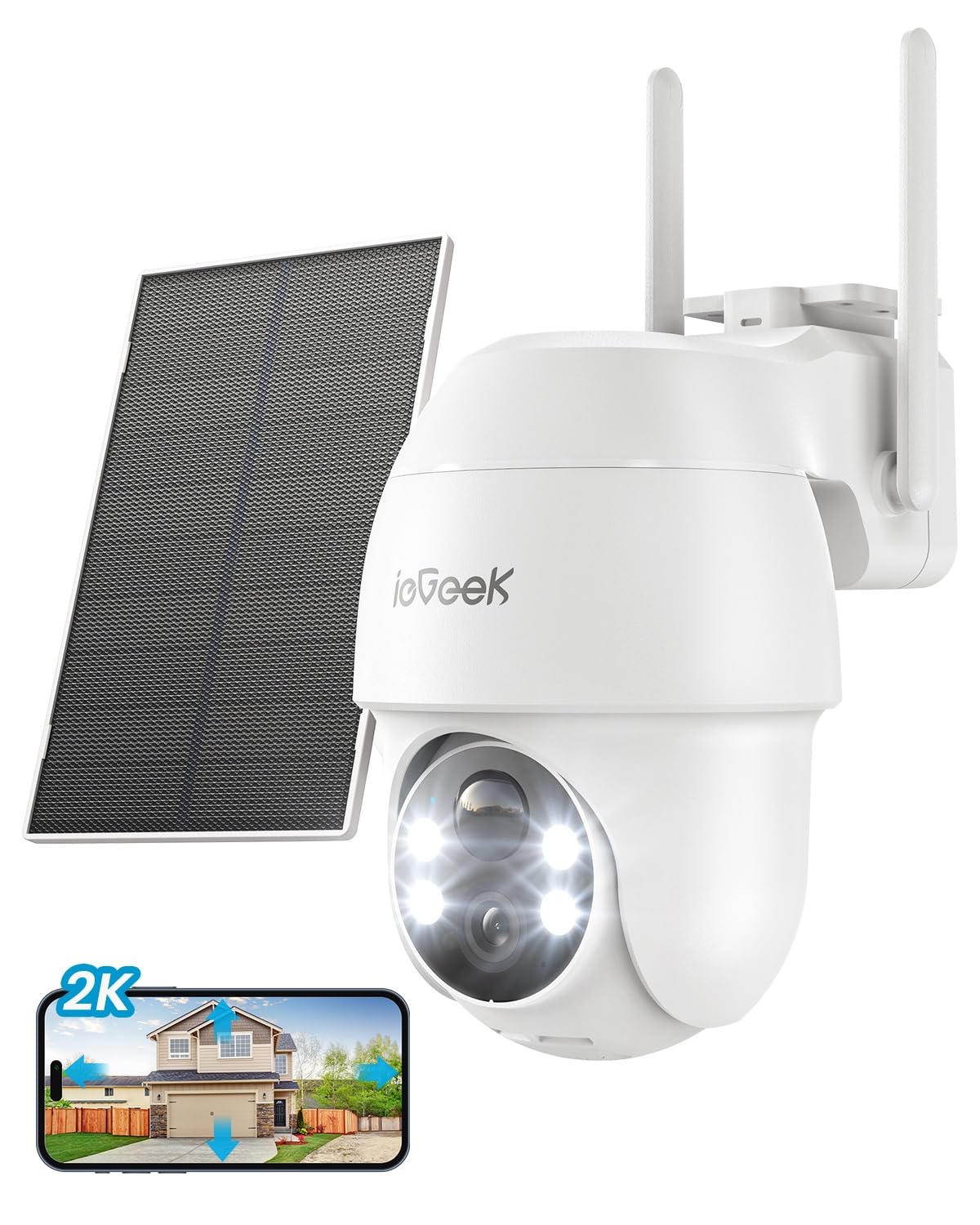 ieGeek Solar Security Cameras Wireless Outdoor, 2K 2.4G WiFi Camera with Solar Panel and Battery Powered, Color Night Vision with Spotlight, 360° PTZ