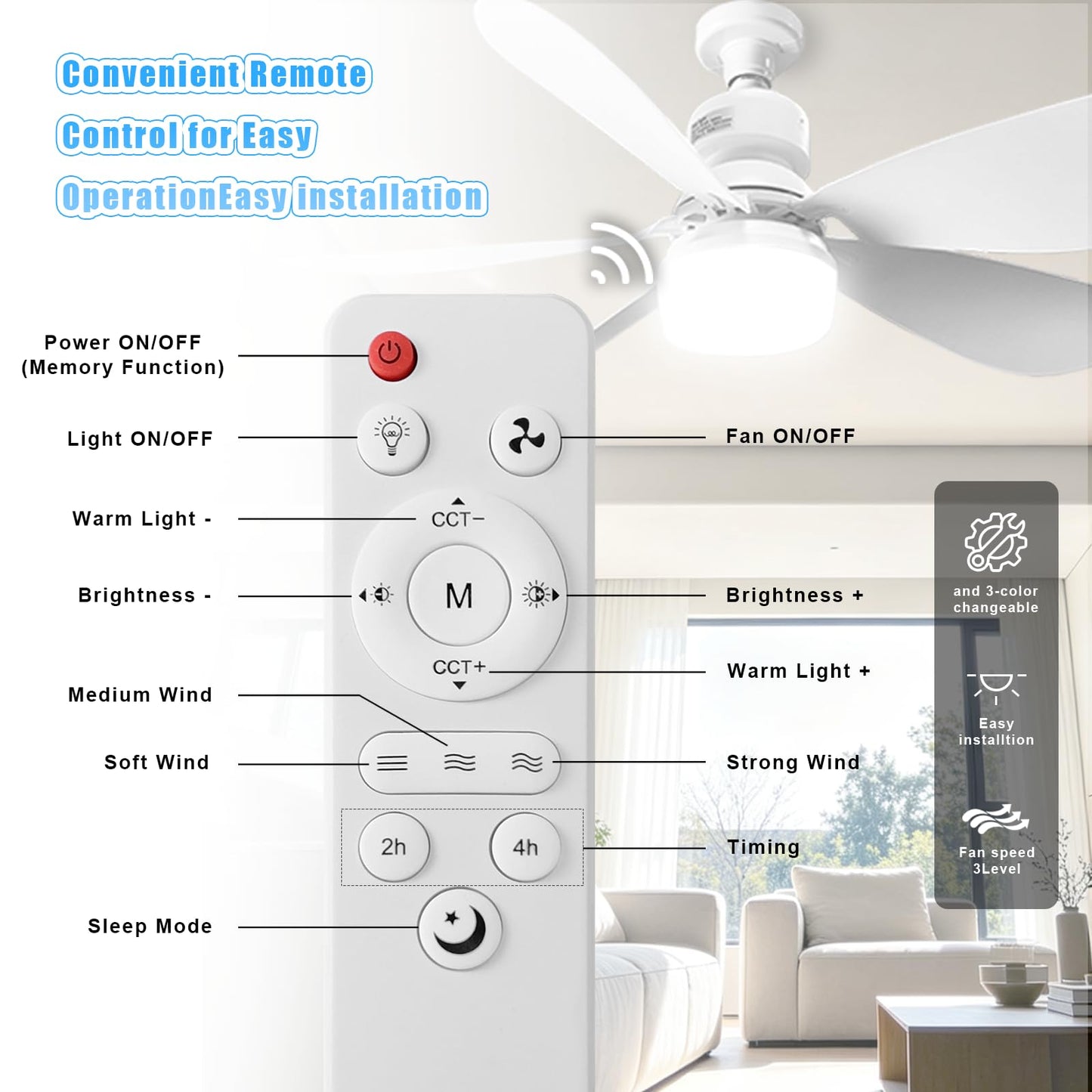 Mutois 20' Socket Fan Lights with Remote 3000 Lumens Dimmable 3CCT (2-Pack)