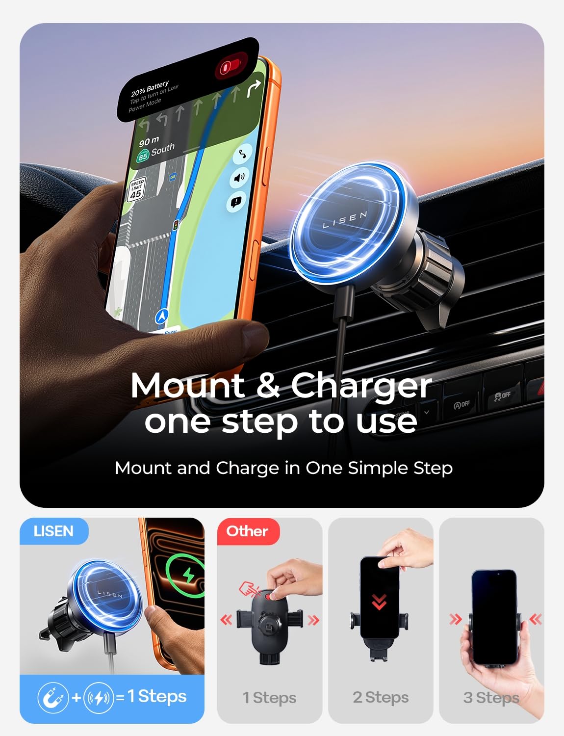 LISEN for 15W MagSafe Car Mount Charger,Magnetic Wireless Car Charger for iPhone 17 Pro Max Accessories,Magnetic Phone Holder for iPhone