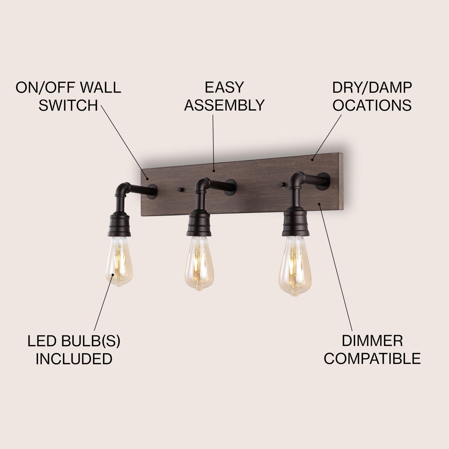 JONATHAN Y 22.13" Oil Rubbed Bronze/Brown Wood Finish 3-Light Iron and Wood Vanity Light, Rustic Farmhouse Industrial Wall Sconce for Bathroom, UL