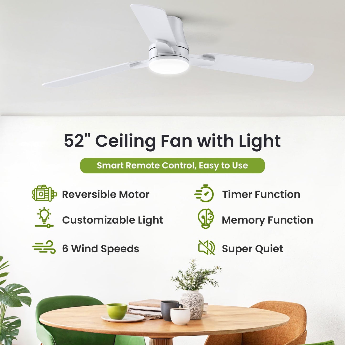 Vemaller 52" Ceiling Fans with Lights and Remote: 90% Less Assembly Time with Light Pre-Installed & Snap-in Blades, Reversible, 3CCT, Modern Low