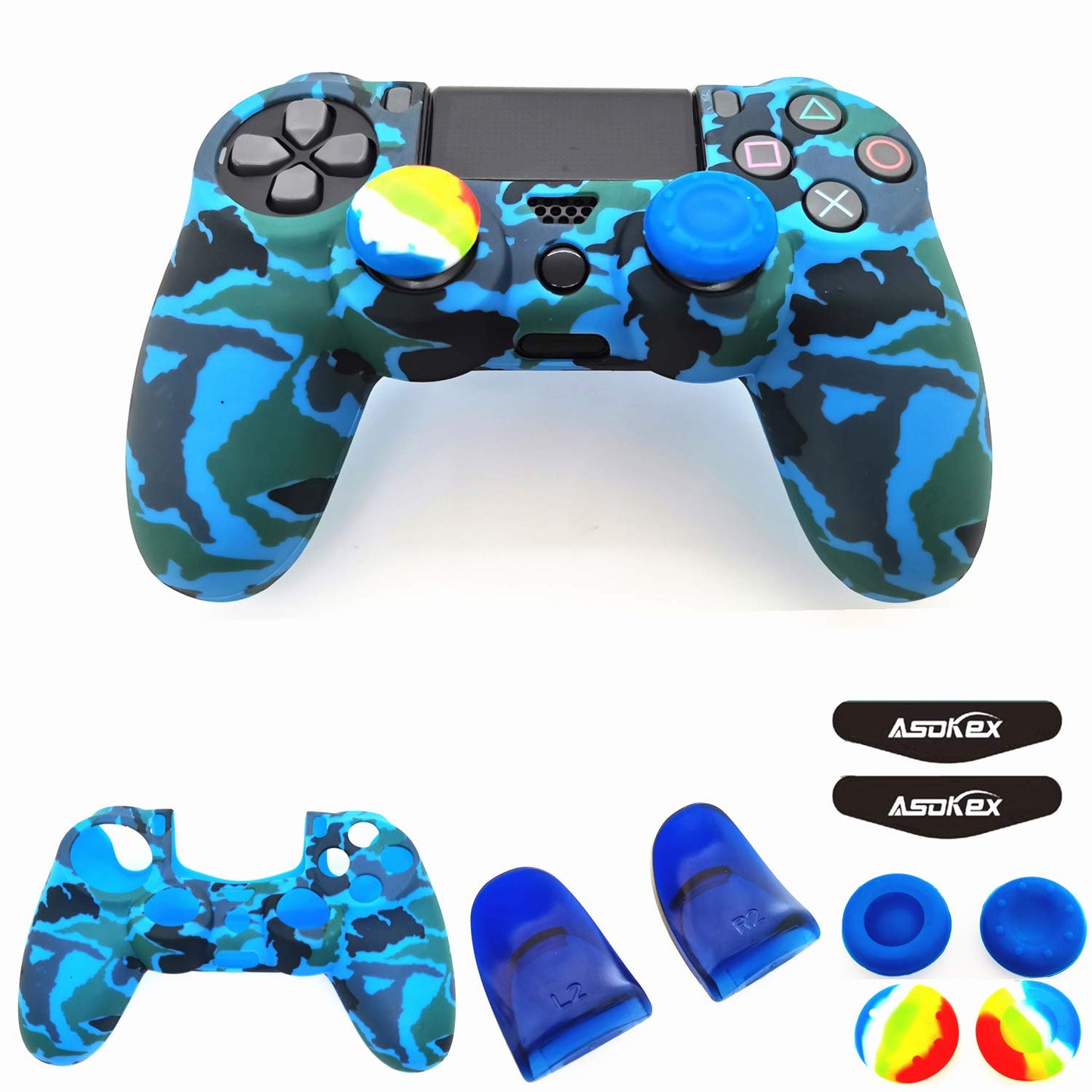 Silicone Skin Cover for Ps4 Controller (1pc Anti-Slip Case, 1 Pair L2 R2 Trigger Extender, 4pcs Thumb Grips,4pcs LED Light Bar Decal) Protector