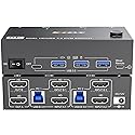 HDMI KVM Switch 2 Monitors 2 Computers 8K@60Hz,Camgeet Dual Monitor KVM Switch with 4 USB 3.0 Port for Keyboard Mouse Printer,Wired Remote,Power