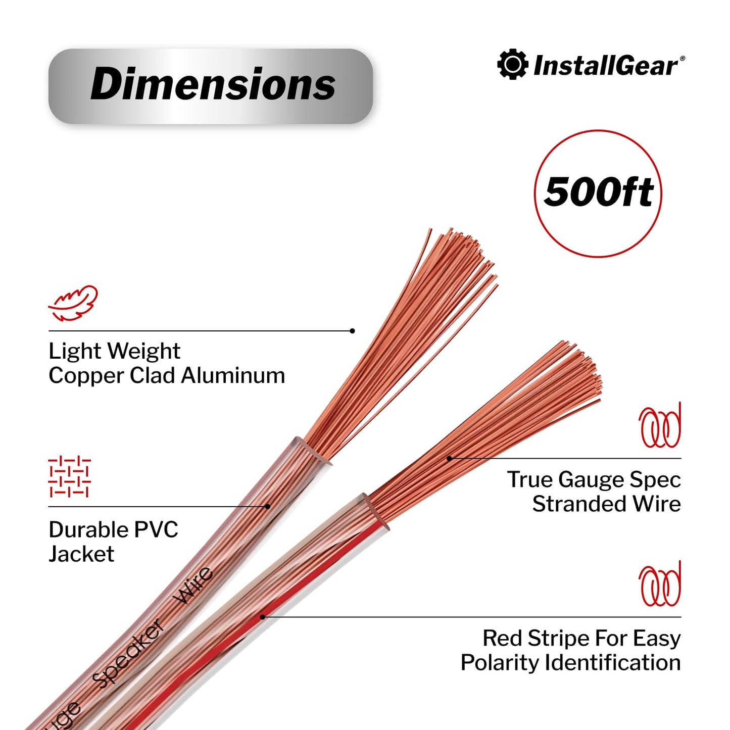 InstallGear 14 Gauge Wire AWG Speaker Wire (500ft - Clear) - Speaker Cable for Car Speakers Stereos, Home Theater Speakers, Surround Sound, Radio