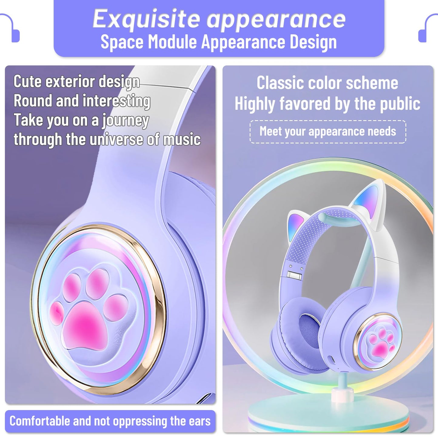 Cat Ear Bluetooth Kids Headphones, LED Lights, Safe Volume, Foldable