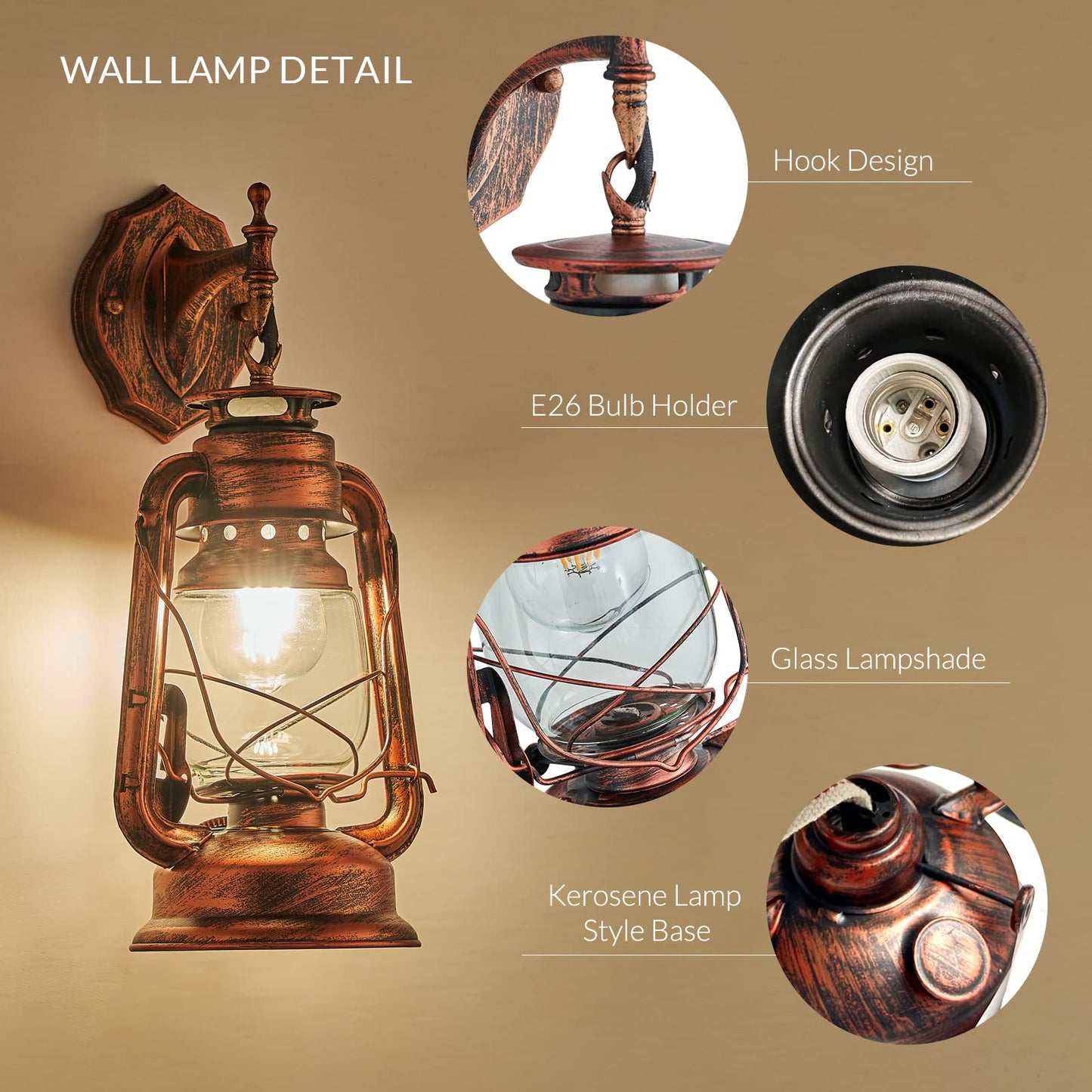 NOXARTE Rustic Wall Sconce Lighting Lantern Mounted Light with Glass Lampshade for Hallway Farmhouse Loft W7 x H15