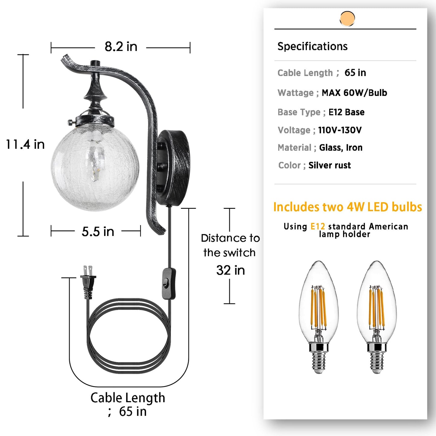 Mgcanyu Globe Glass Wall Sconce Set of 2, Farmhouse Vintage Plug in Wall Light Fixtures Rustic Industrial Wall Lights for Bedroom Bathroom Hallway