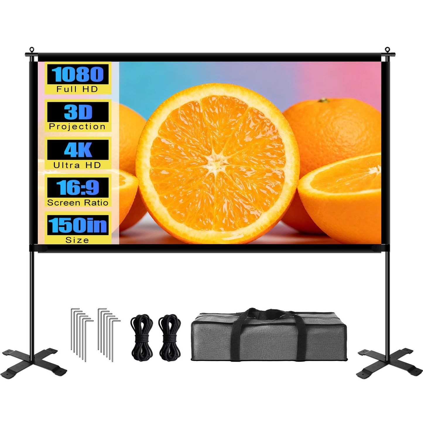 XIAOHUI Outdoor 150inch Projector Screen with Stand, Portable Projector Screen with Carry Bag Windproof Fixing Rope, Indoor 4K HD Movie Projection