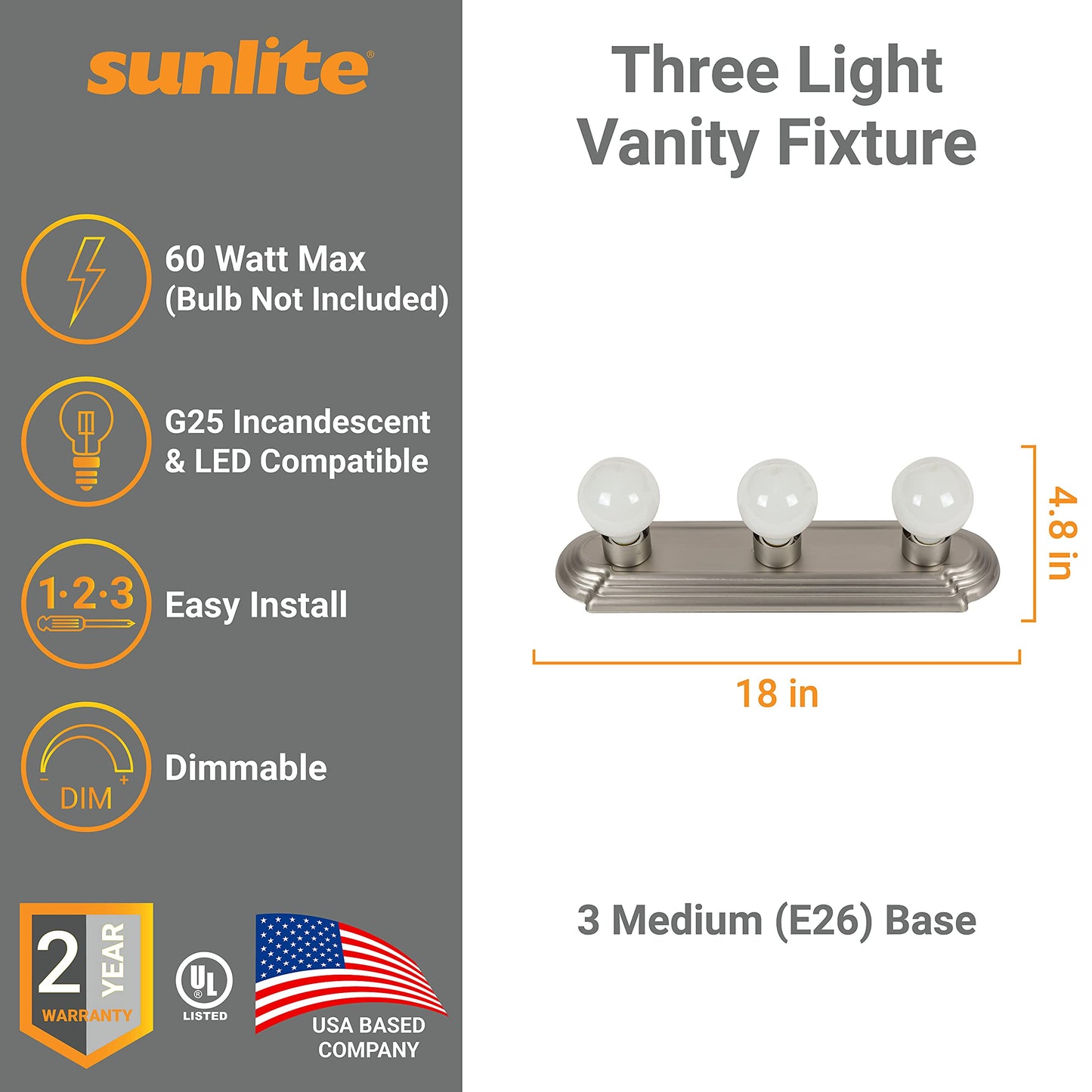 Sunlite 45000 Art Deco Style Brushed Nickel Vanity Light Fixture, 18-Inch, 3 Medium Base Sockets (Bulbs Not Included), Dimmable, UL Listed, Bathroom