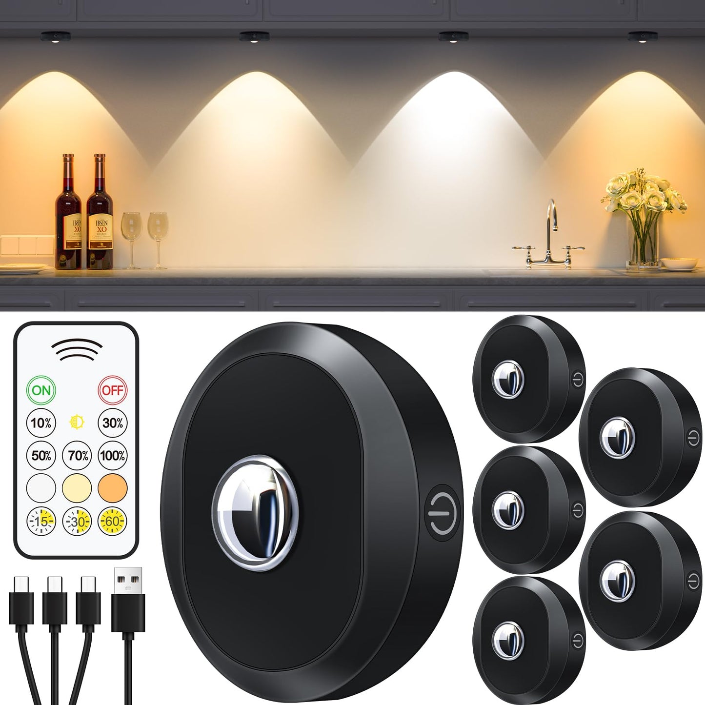WILLED Puck Lights with Remote Control, Rechargeable Under Cabinet Lights, 1200mAh Battery Operated Tap Lights, Dimmable Push Lighting, Wireless