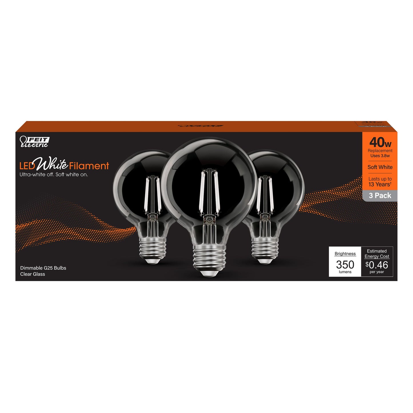 Feit Electric G25 White Filament LED Bulb, 40W Eq, Soft White, 3 Pack