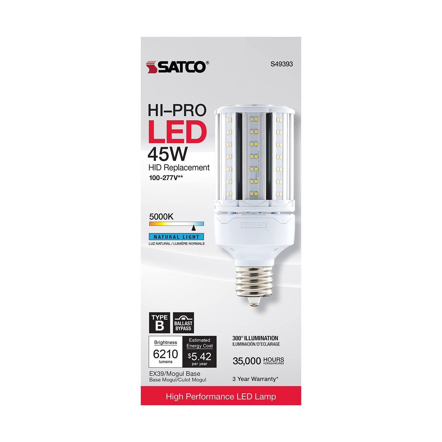 Satco S49393 LED Corncob Light Bulb, Mogul Extended Base, 45W, 35000 Hour Rating, 6210L, Natural Light
