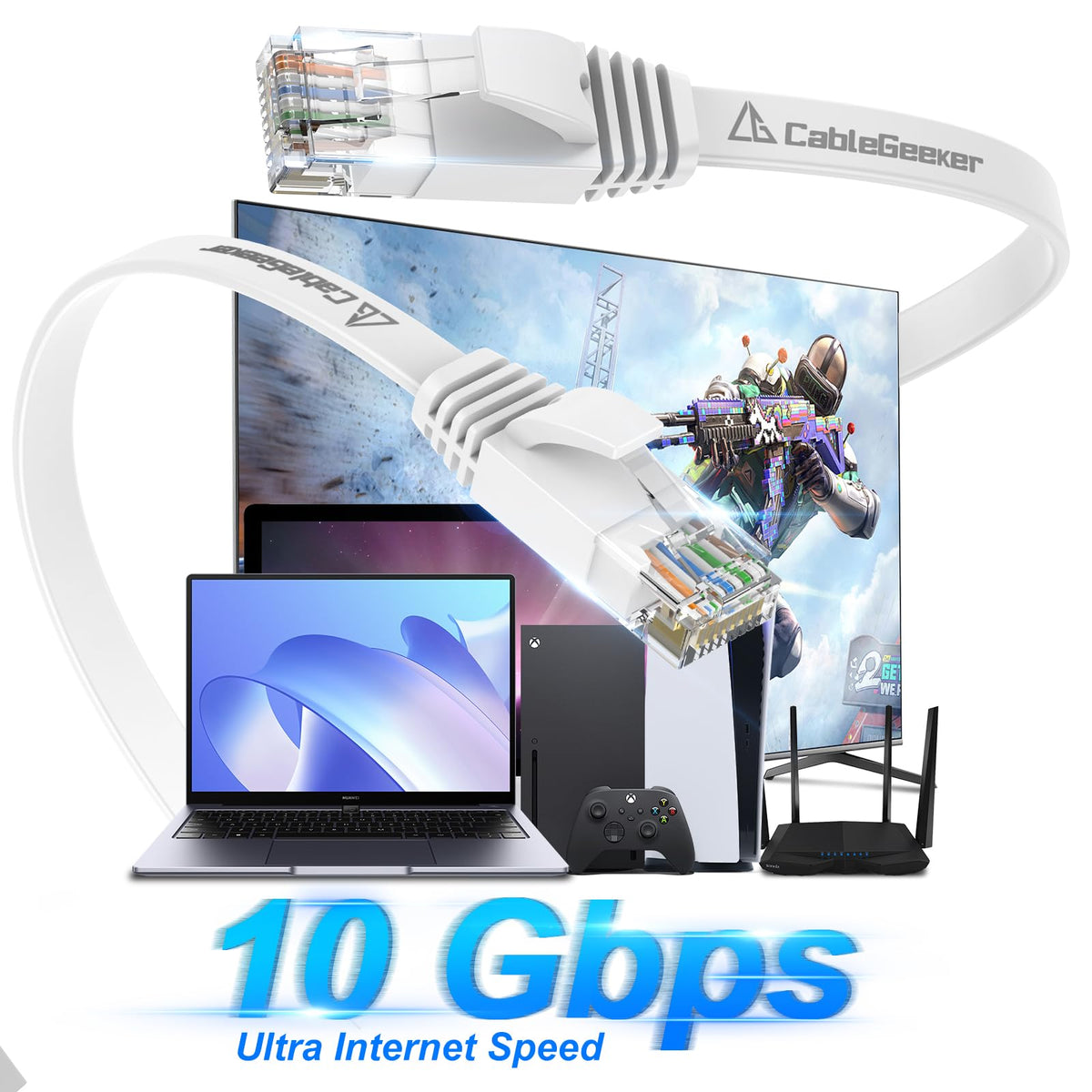 CableGeeker Cat 6 Flat Ethernet Cable 100ft, 10Gbps, White