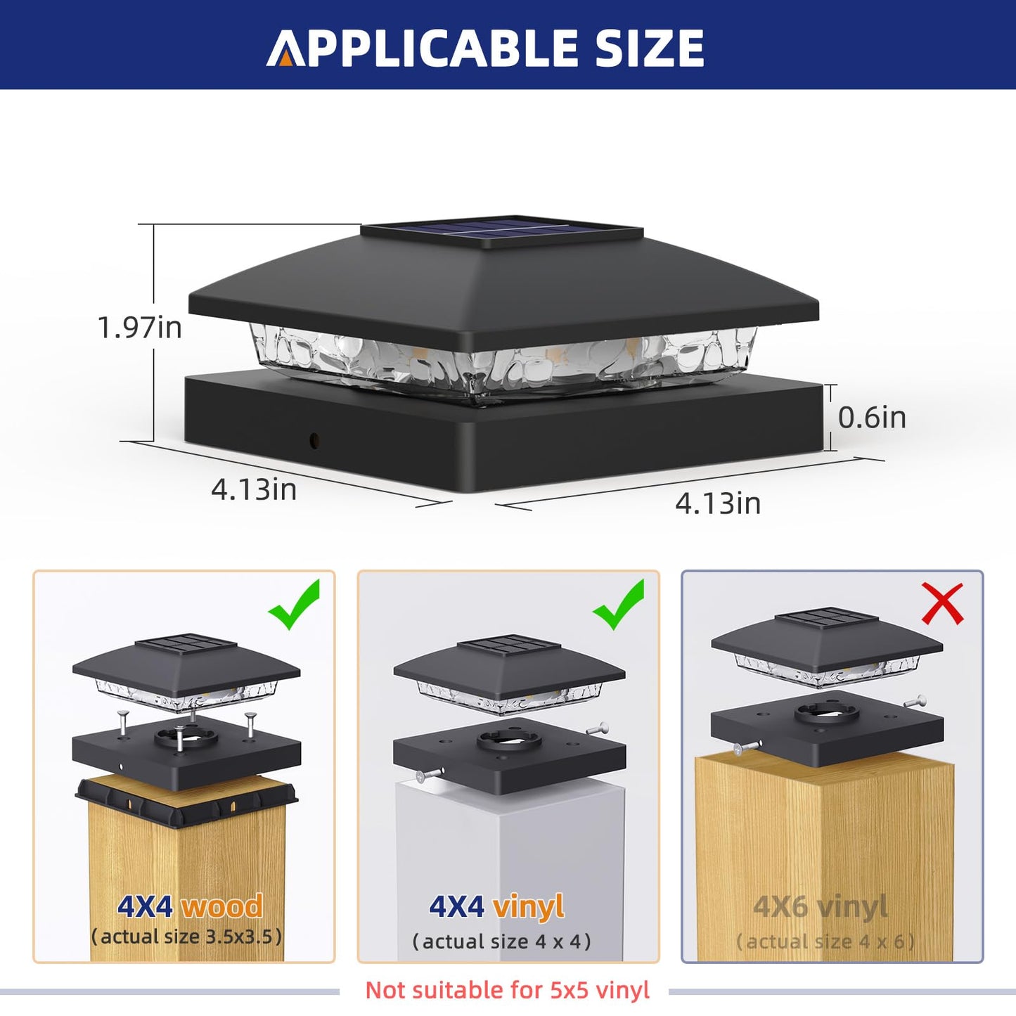 APONUO Solar Post Cap Lights for 4x4 Posts - IP64 Waterproof, 3000K LED, No-Wire Fence Lights & Deck Lights for Patio Garden Yard Patio, Black-Warm