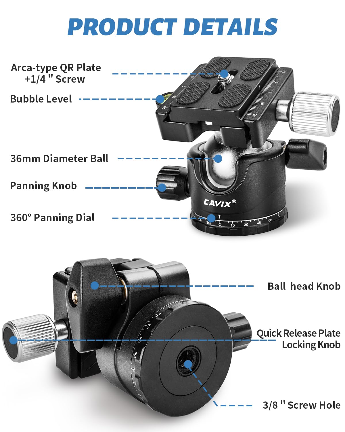 Ball Head Mount, CAVIX 36mm Ball Head Camera Tripod Head with 1/4“ Arca Swiss Quick Release Plate for Tripod, Monopod, DSLR, Camera,Load 33lb/15kg