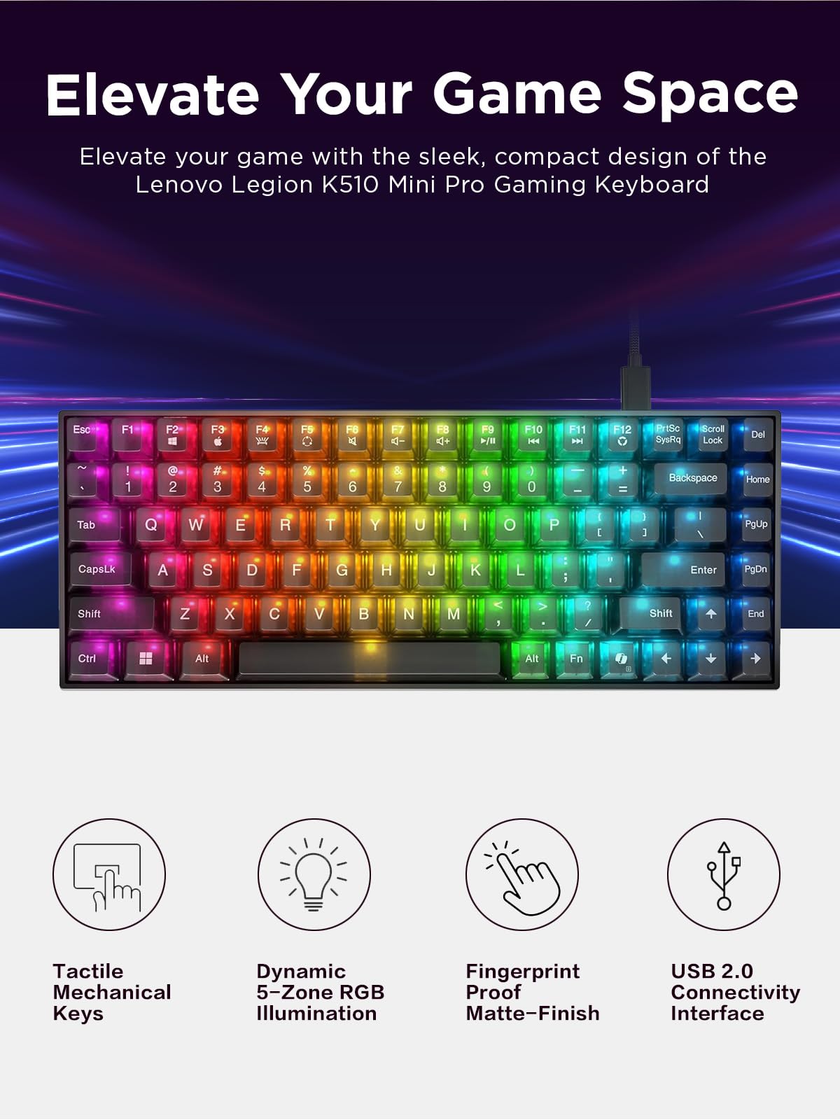 Lenovo Legion K510 Mini Pro Wired Mechanical Gaming Keyboard - 75% Compact Design, RGB Illumination, Hot-Swappable Mechanical Switches, Programable