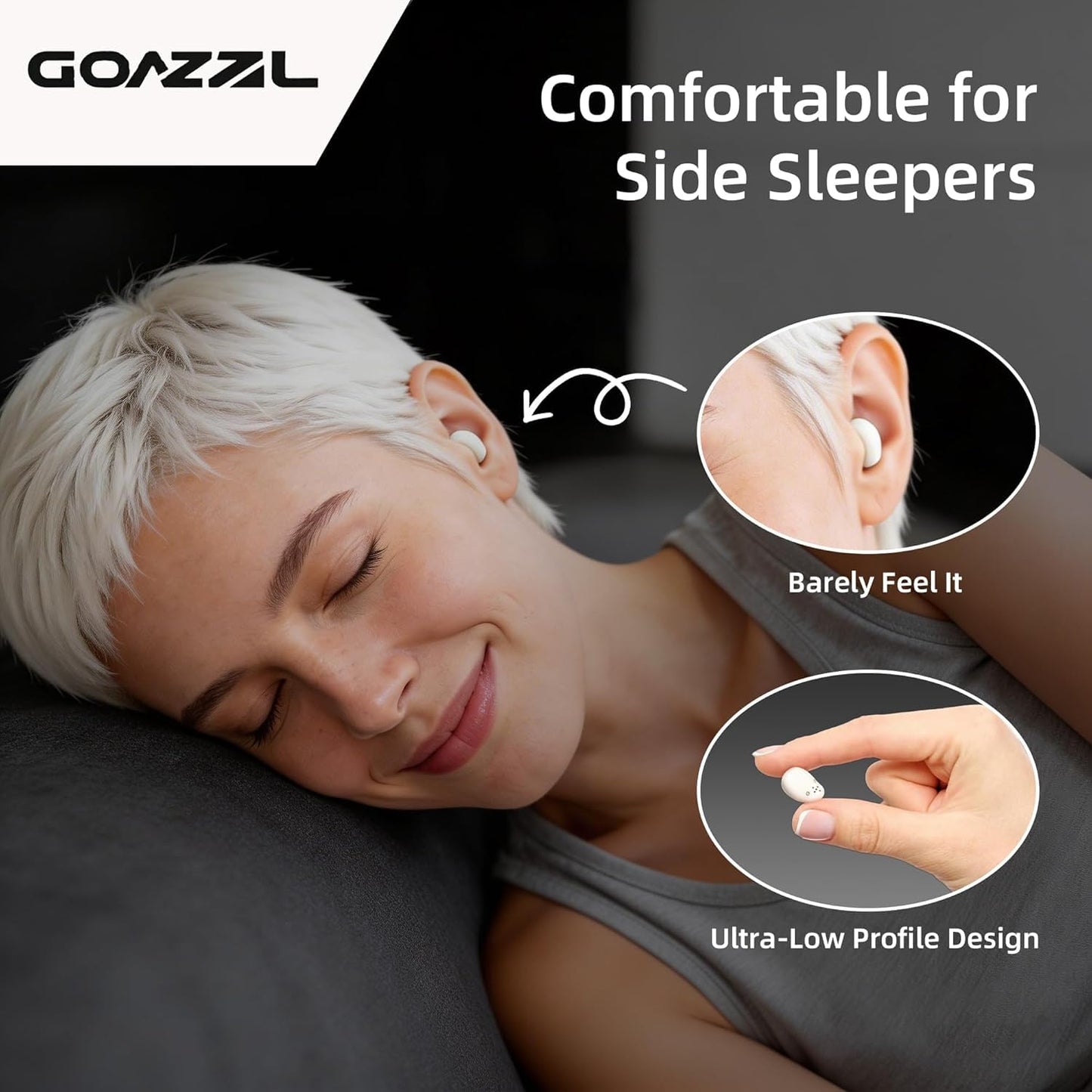 goazzzl Sleep Earbuds for Side Sleepers,Mini Invisible Wireless Earbuds for Small Ear Canals,Bluetooth 5.4, 40H Battery,Noise Blocking,Waterproof,LED