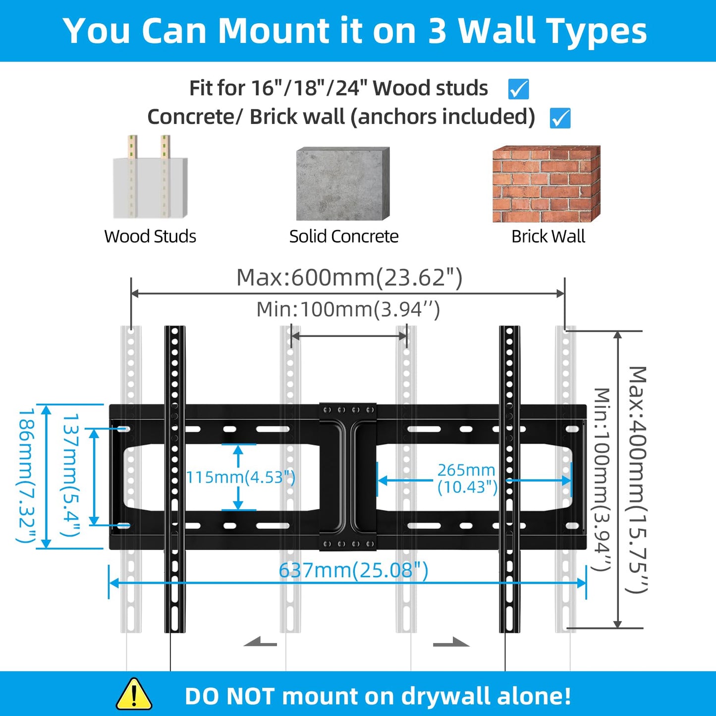 HOME VISION Heavy Duty Fixed TV Wall Mount for Most 32-86 Inch Flat TVs, Max VESA 600X400mm up to 165lbs Fits 16/18/24 Inch Wood Studs, Universal Low