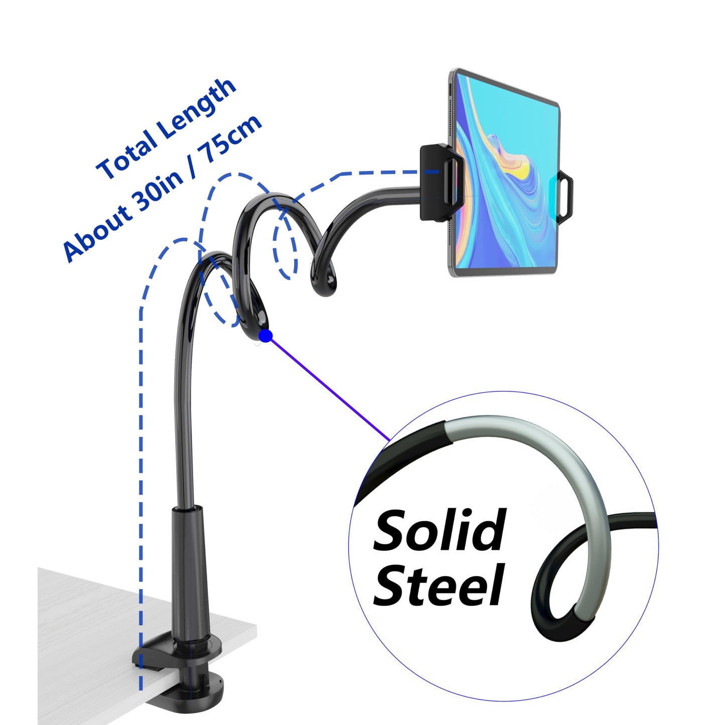 Tablet Stand Holder, Mount Holder Clip with Grip Flexible Long Arm Gooseneck Compatible with ipad iPhone/Nintendo Switch/Samsung Galaxy Tabs/Amazon