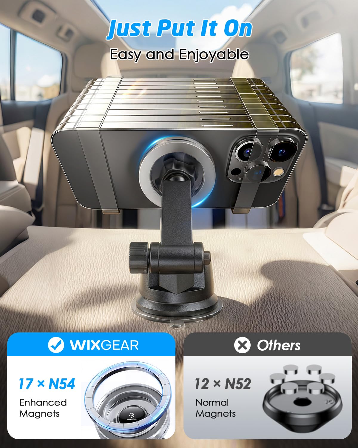 WixGear for MagSafe Car Mount - 78+LBs Dashboard Phone Holder - Dashboard Long Handle Adjustable Magnetic Cell Stand for iPhone 17 16 15 14 13 12 Pro