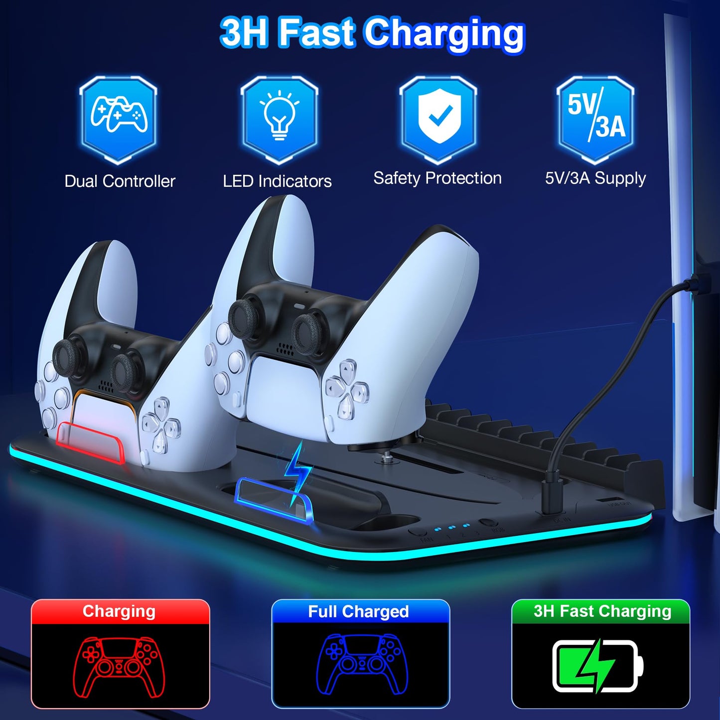 Kawaye PS5/Slim/Pro Stand and Cooling Station for PlayStation 5 Consoles, PS5/Pro/Slim Accessories with 3-Level Cooler Fan, PS5 Controller Charger