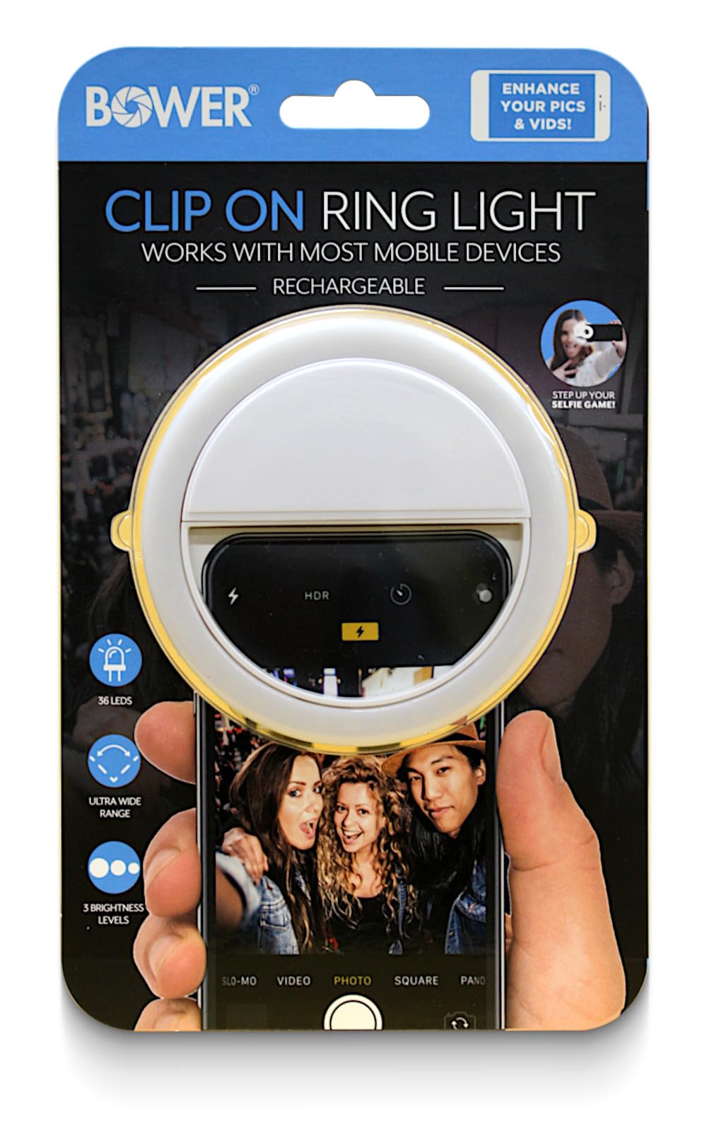 Bower Clip On Ring Light for Phone | 36 LED Ultra Wide Range Rechargeable Selfie Light with 3 Brightness Levels - Great for Selfie Photos, Vlogging