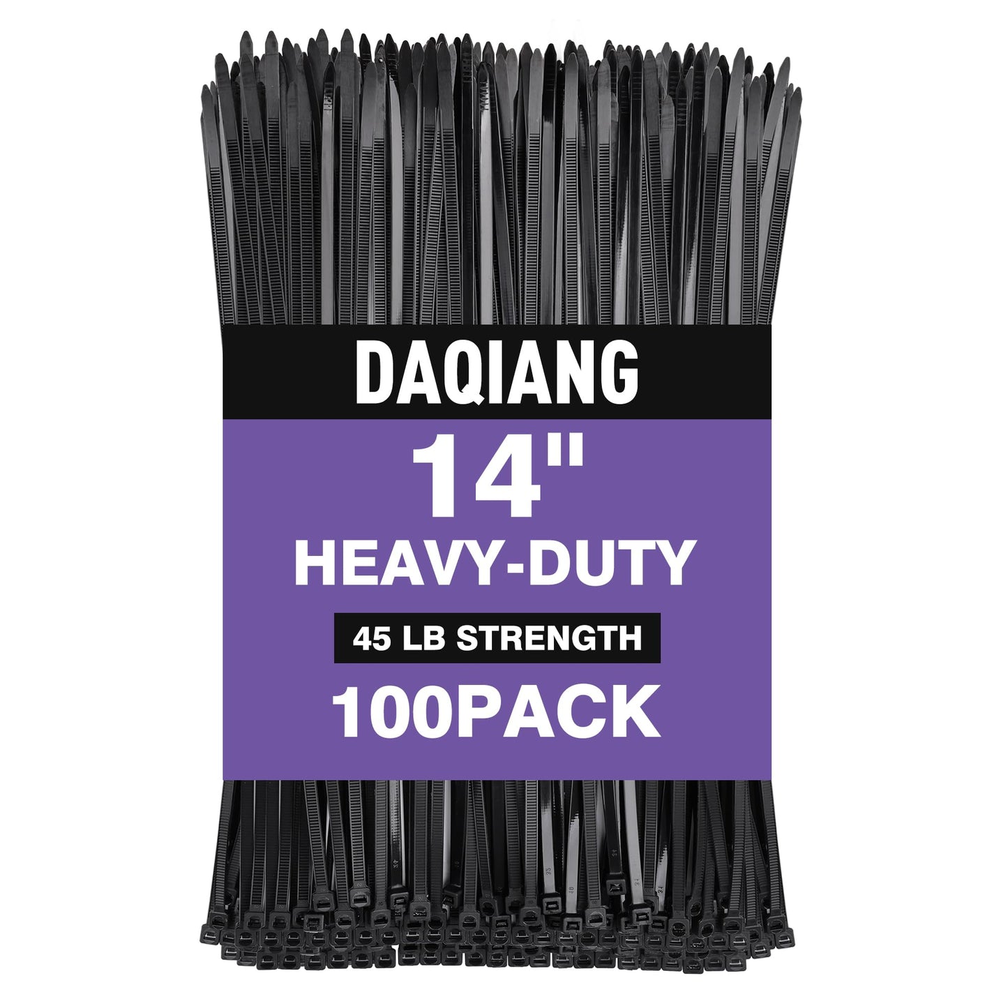 DAQIANG 60 lb Heavy Duty 14-Inch Black Zip Ties 100-Pack - UV Resistant, Self-Locking Nylon Cable Ties for Indoor/Outdoor Use