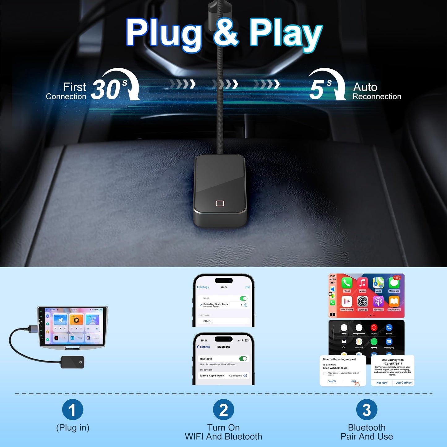 KETAKY Plus Wireless Carplay and Android Auto Adapter - Android Carplay for iPhone 6+/2016+ Cars, USB/Type-C Bluetooth Wireless Auto Car Adapter