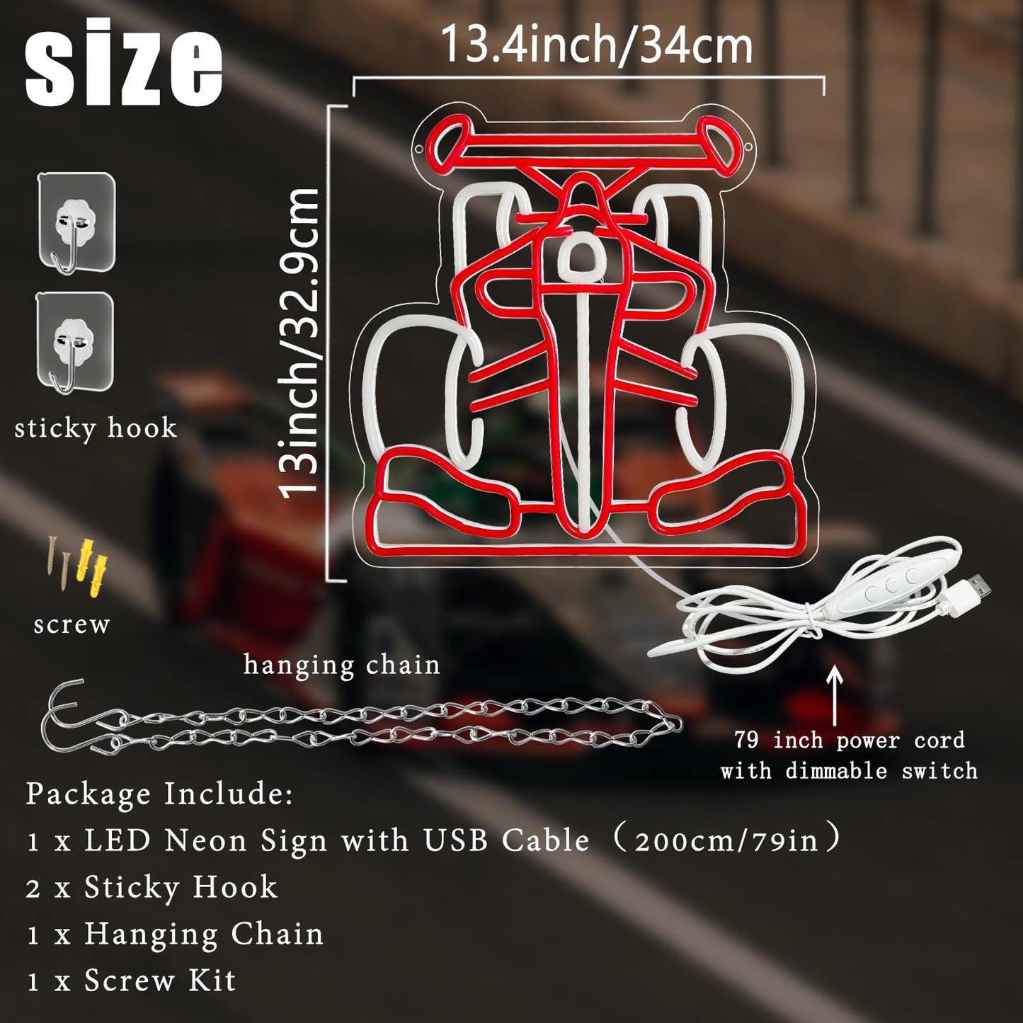 Car Neon Sign, Race Car Neon Signs For Wall Decor, 13.4'' X 13'' USB Powered Car Neon Lights Signs, Dimmable Sports Car Neon Lights for Kids Bedroom