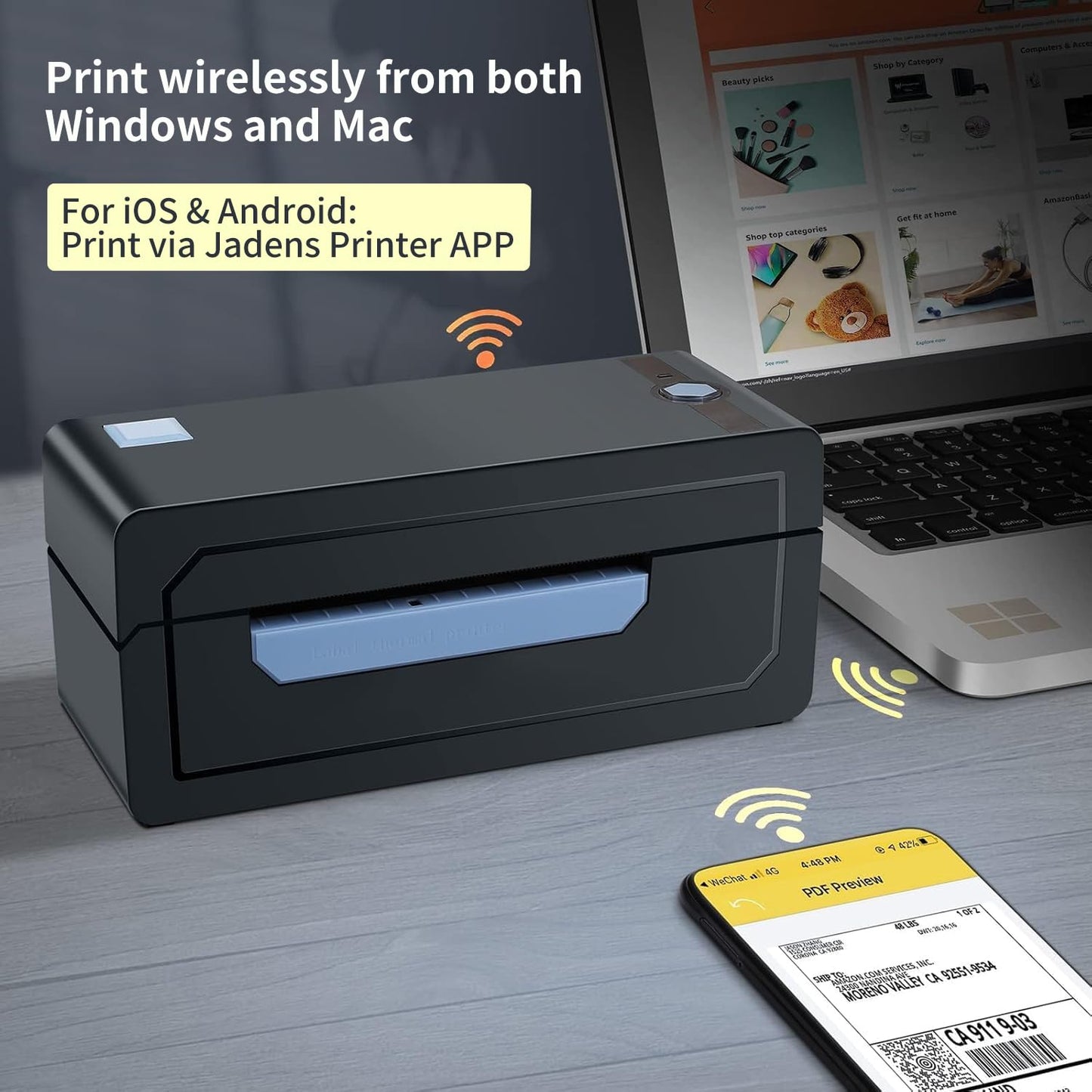 JADENS Bluetooth Thermal Shipping Label Printer - Wireless 4x6 Shipping Label Printer, Compatible with Android, iPhone, Windows & Mac, Widely Used