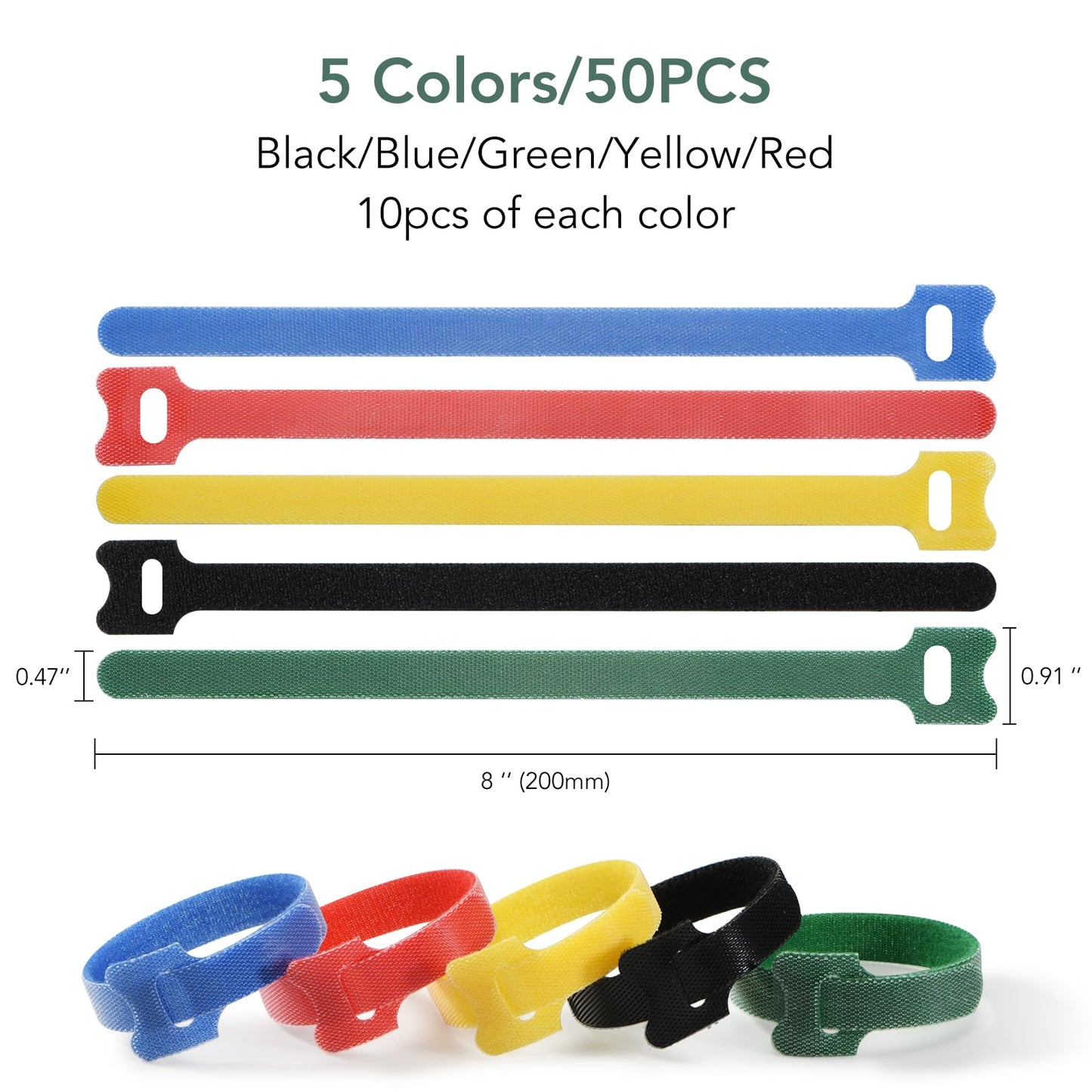 50PC 8 In Reusable Cable Ties, Multi-Purpose Cord Ties for Electronics, Cable Management Ties, Adjustable Fastening Hook and Loop StrapsHome/Office