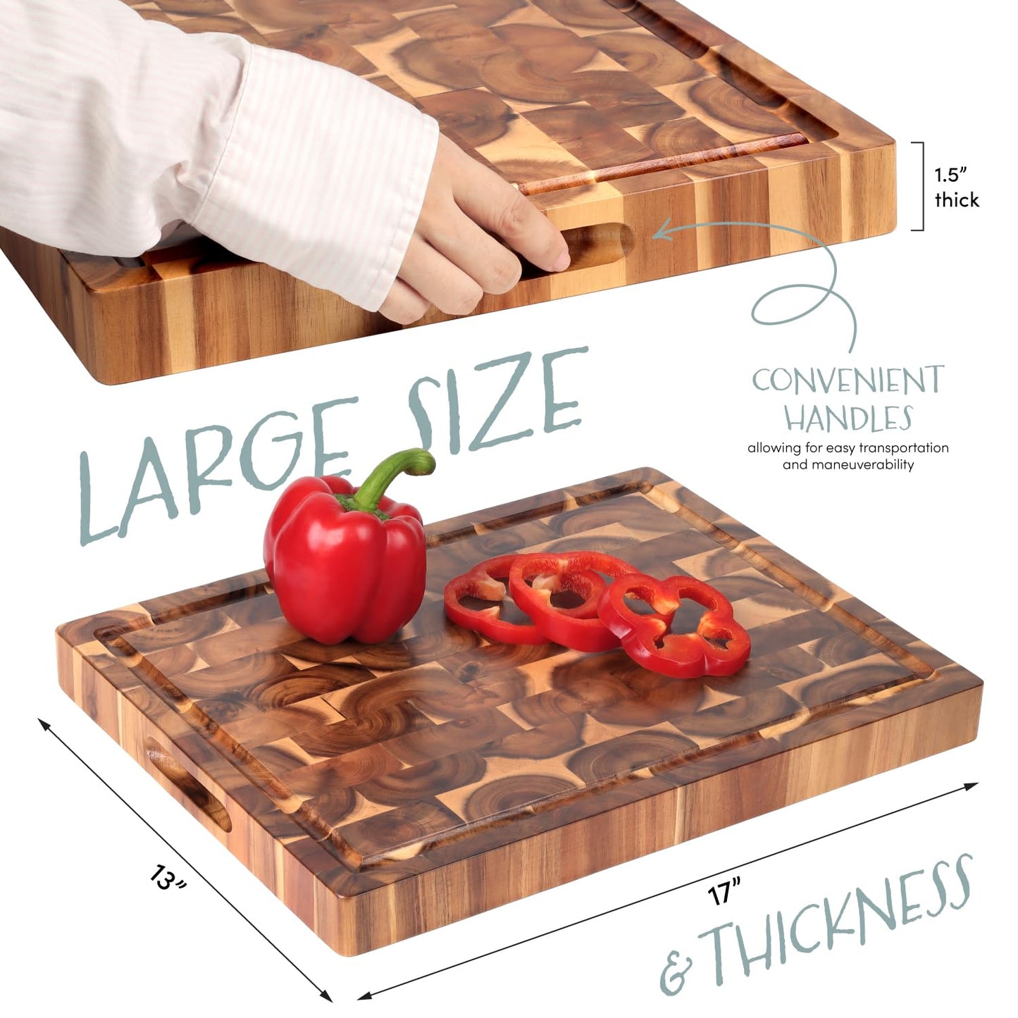 Acacia End Grain Cutting Board (17x13x1.5in), Butcher Block - Reversible Multipurpose Chopping Board with Juice Groove, Cracker Holder & Inner Handles