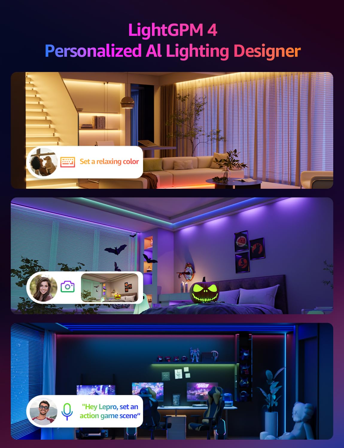 Lepro SE1 AI Smart LED Strip Lights - 65.6ft RGB Color Changing Light Strips with APP Control, AI Generated Lighting, Music Sync, 2.4GHz Wi-Fi